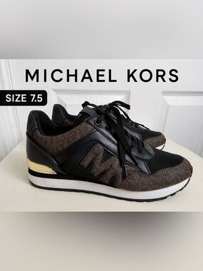 Michael Kors Billie Trainer Sneakers Brown Signature Logo Lace-Up Shoes / 7.5